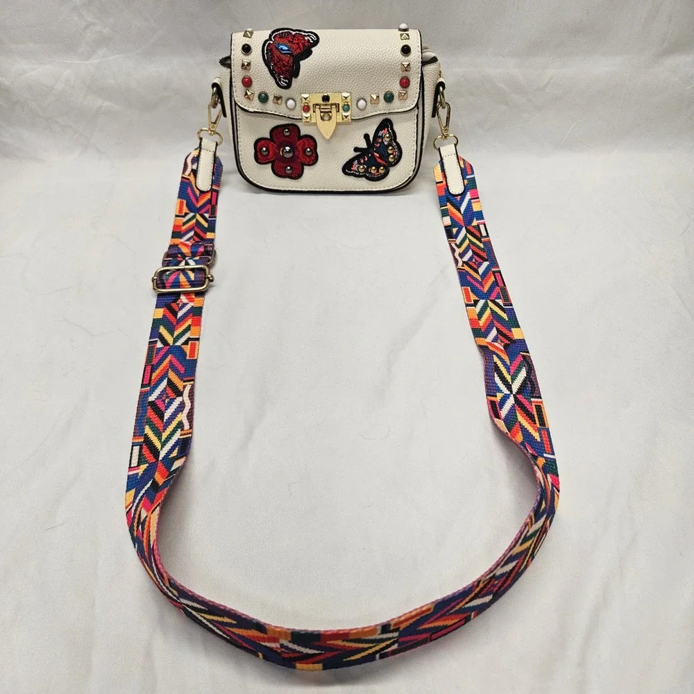 Candy Couture USA Crossbody Bag Womens Small Cream Butterfly Studded Boho Strap